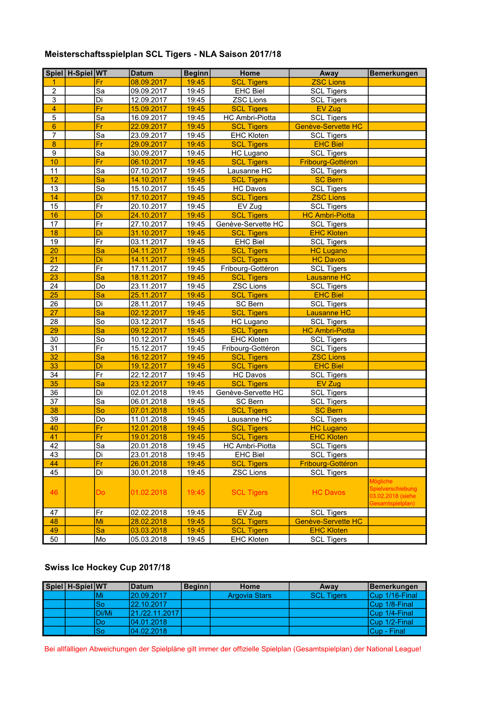 Meisterschaftsspielplan SCL Tigers - NLA Saison 2017/18