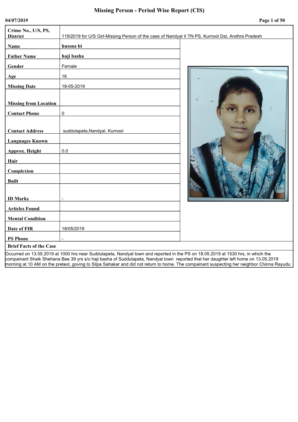 Missing Person - Period Wise Report (CIS) 04/07/2019 Page 1 of 50