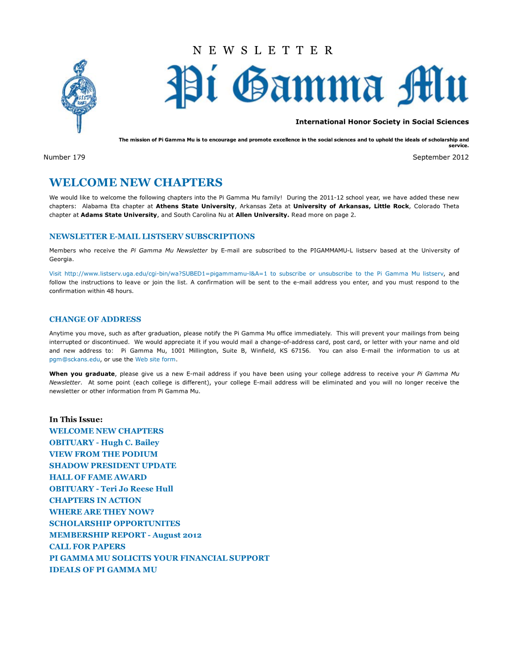 Pi Gamma Mu International Newsletter: September 2012