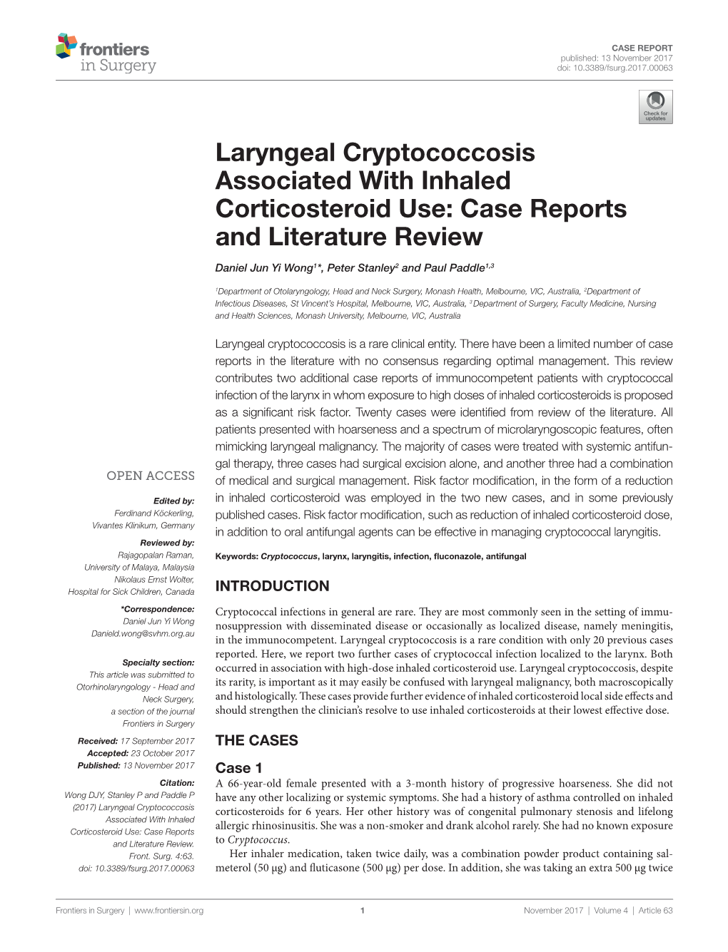 Laryngeal Cryptococcosis Associated with Inhaled Corticosteroid Use: Case Reports and Literature Review