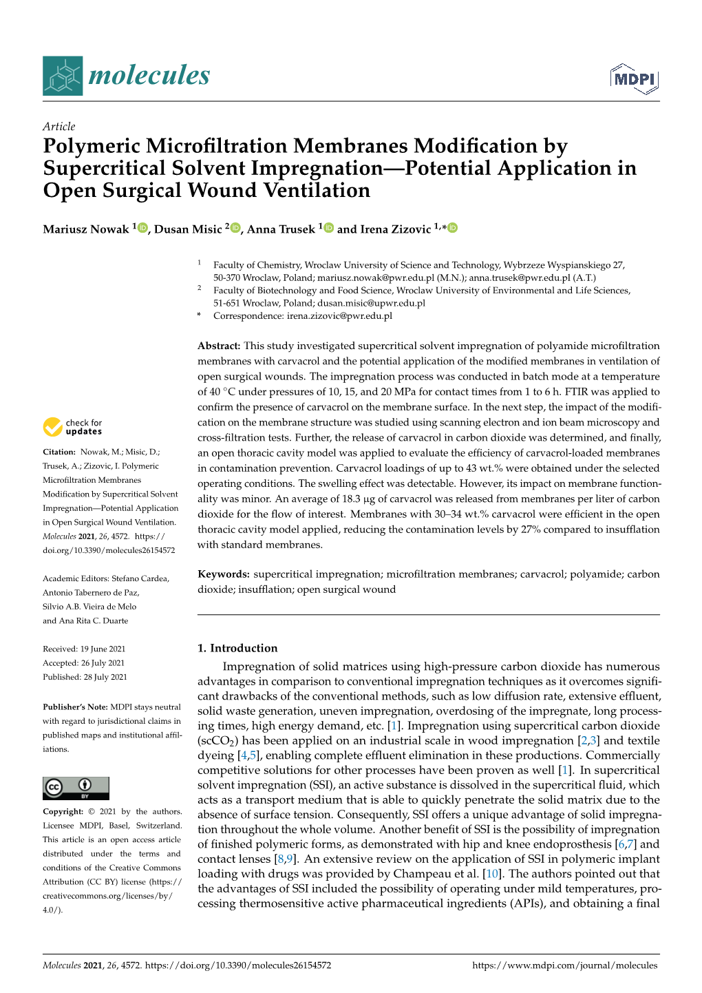 Polymeric Microfiltration Membranes Modification by Supercritical