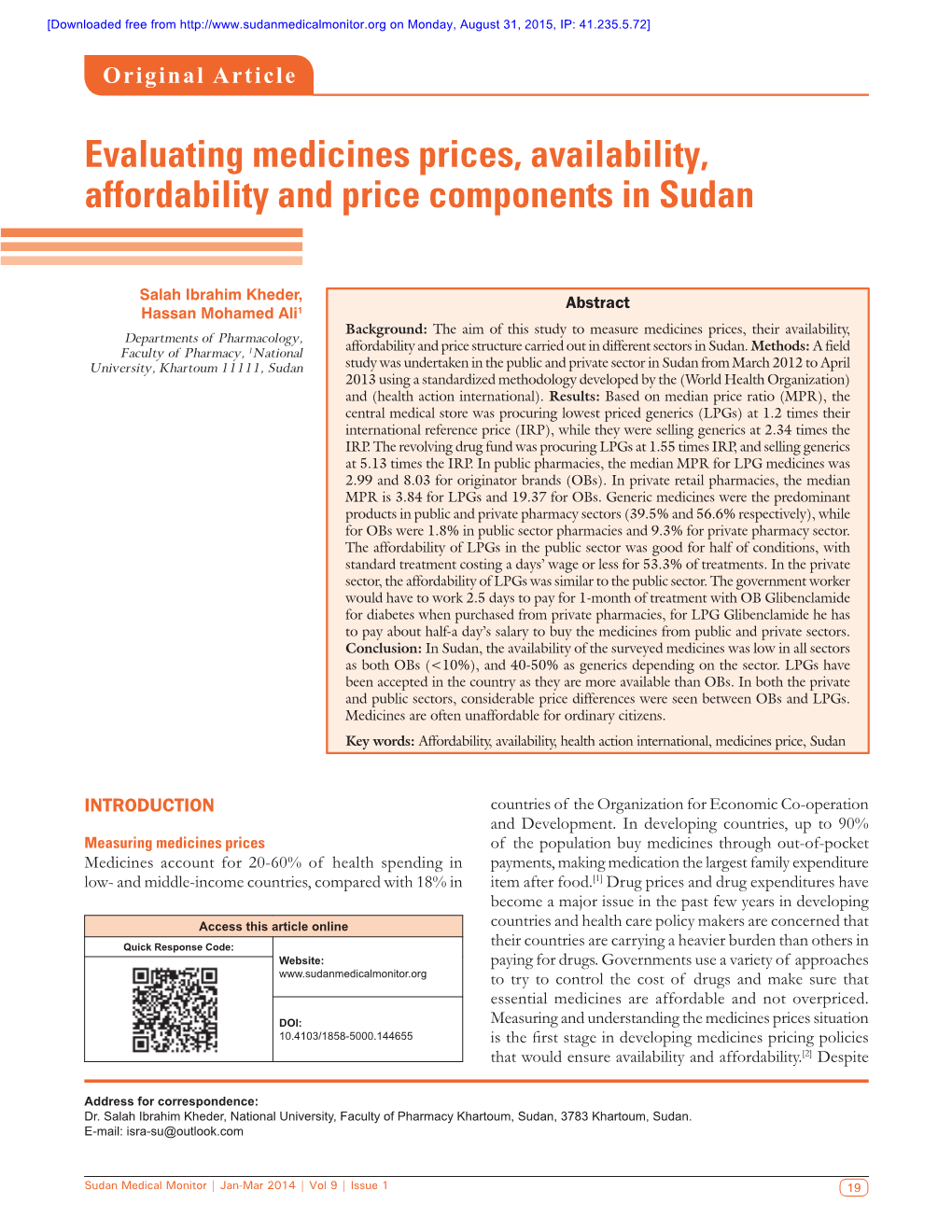 Evaluating Medicines Prices, Availability, Affordability and Price Components in Sudan