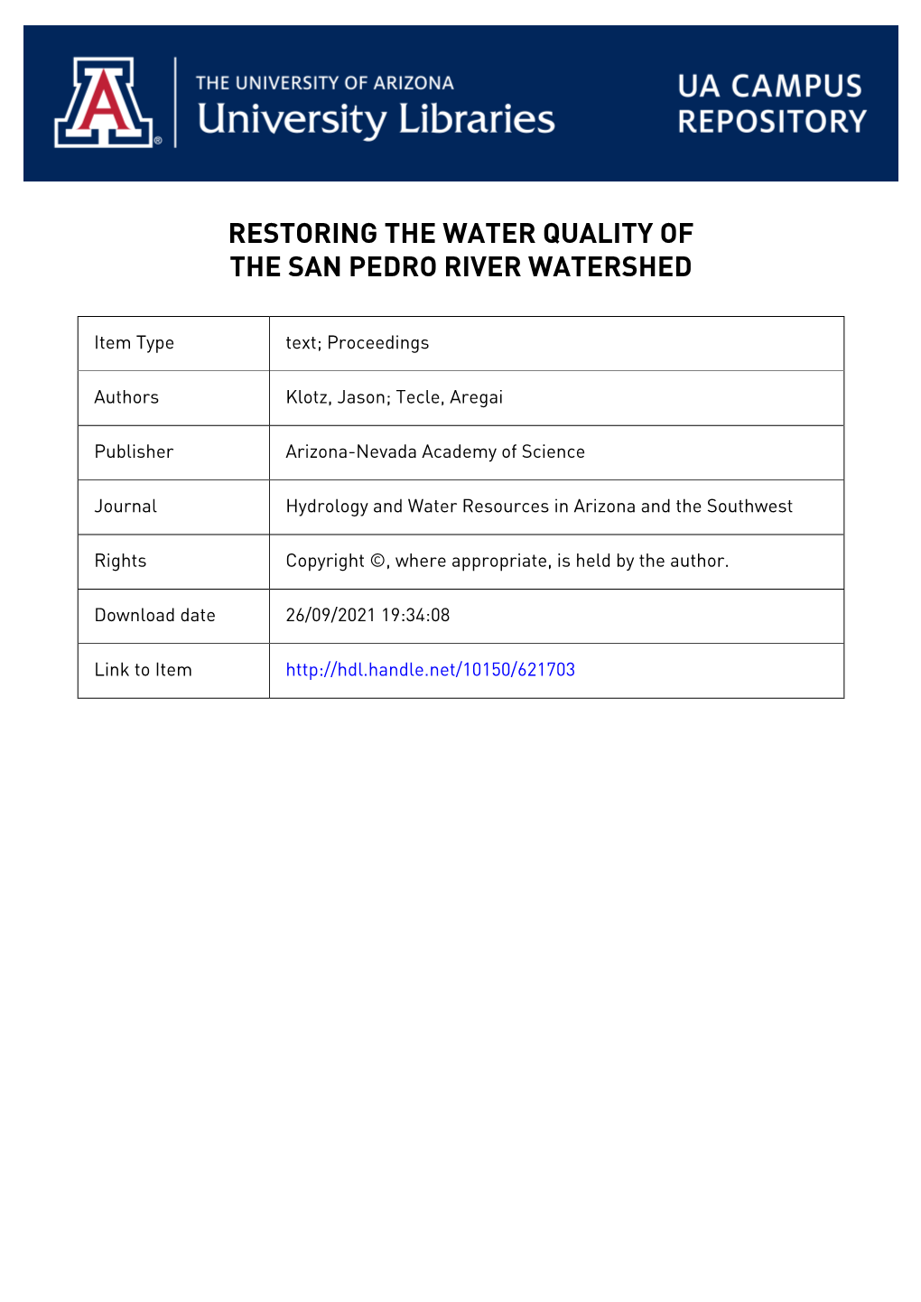 Restoring the Water Quality of the San Pedro River Watershed