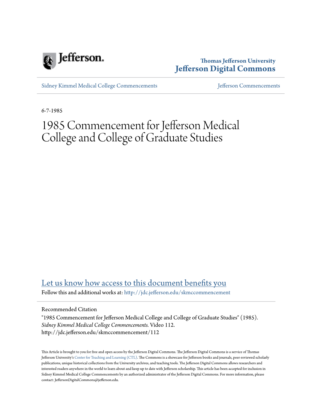 1985 Commencement for Jefferson Medical College and College of Graduate Studies