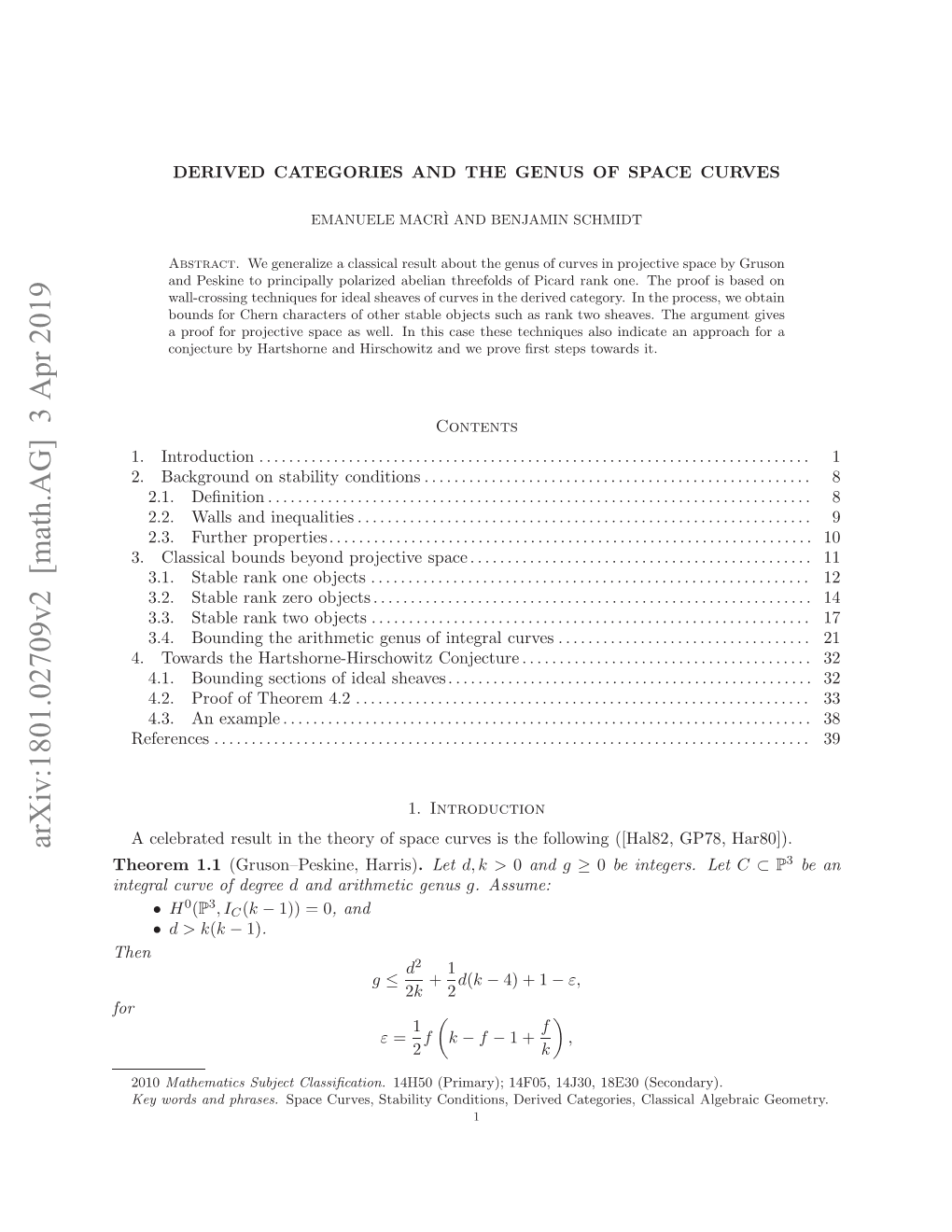 Derived Categories and the Genus of Space Curves