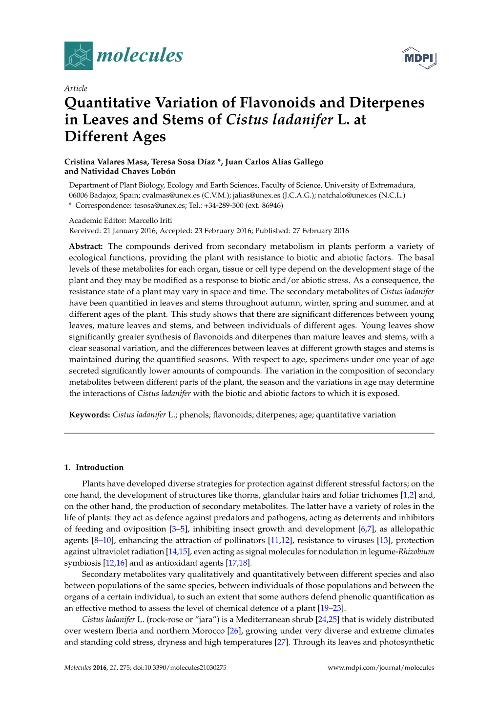 Quantitative Variation of Flavonoids and Diterpenes in Leaves and Stems of Cistus Ladanifer L
