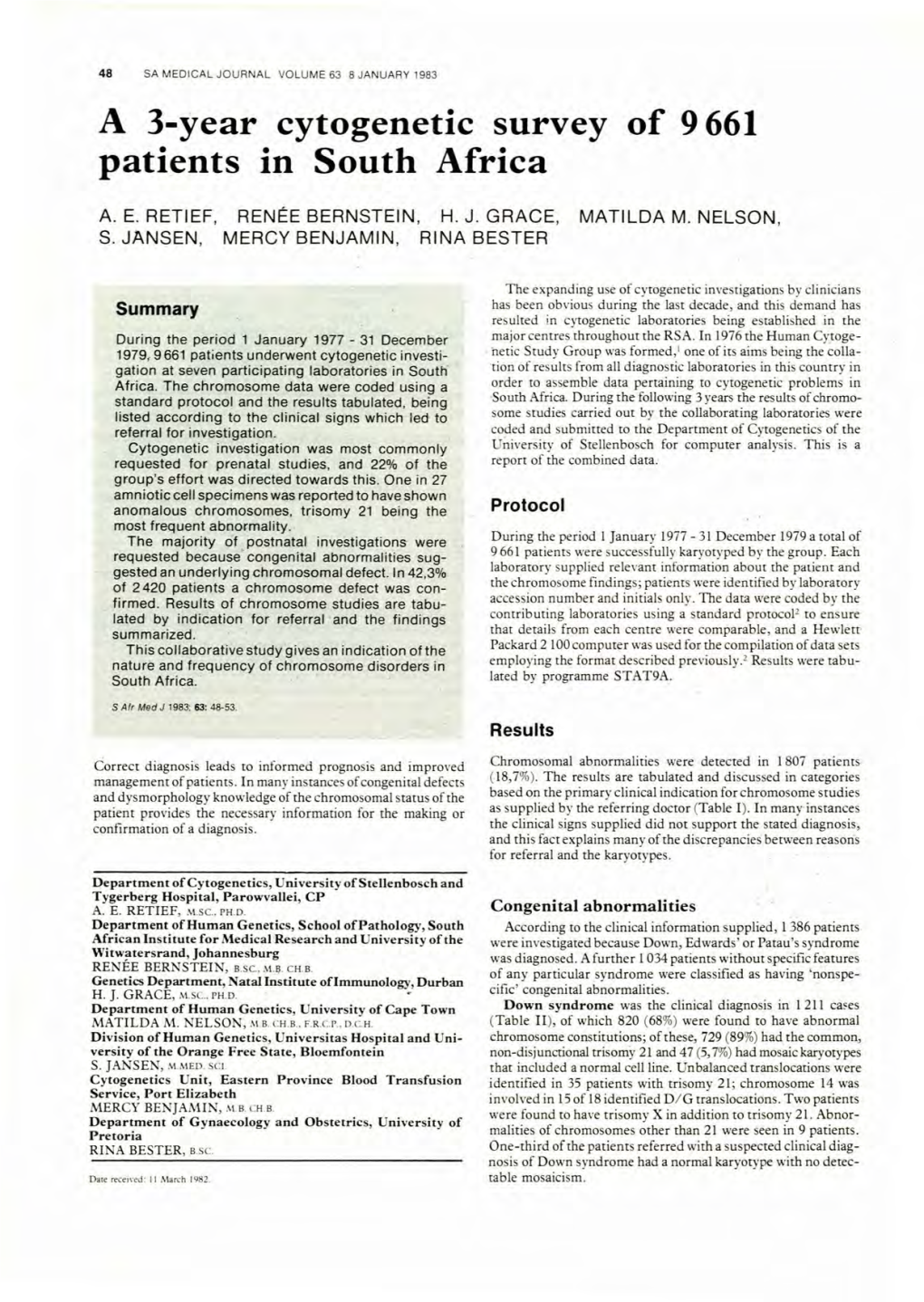 A 3-Year ~Cytogenetic Survey of 9661 Patients in South Africa