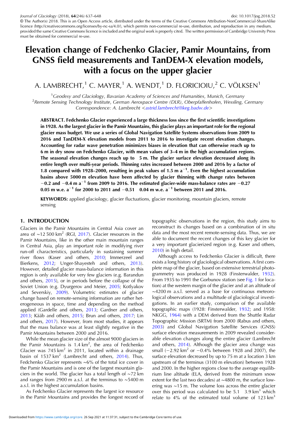 Elevation Change of Fedchenko Glacier, Pamir Mountains, from GNSS Field Measurements and Tandem-X Elevation Models, with a Focus on the Upper Glacier