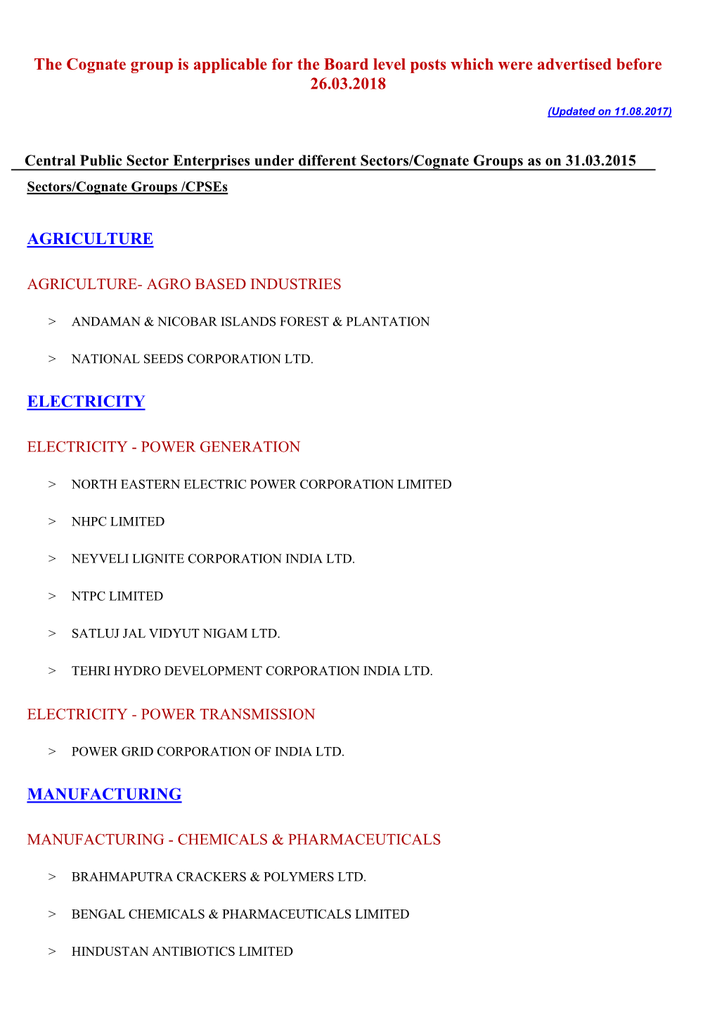 The Cognate Group Is Applicable for the Board Level Posts Which Were Advertised Before 26.03.2018