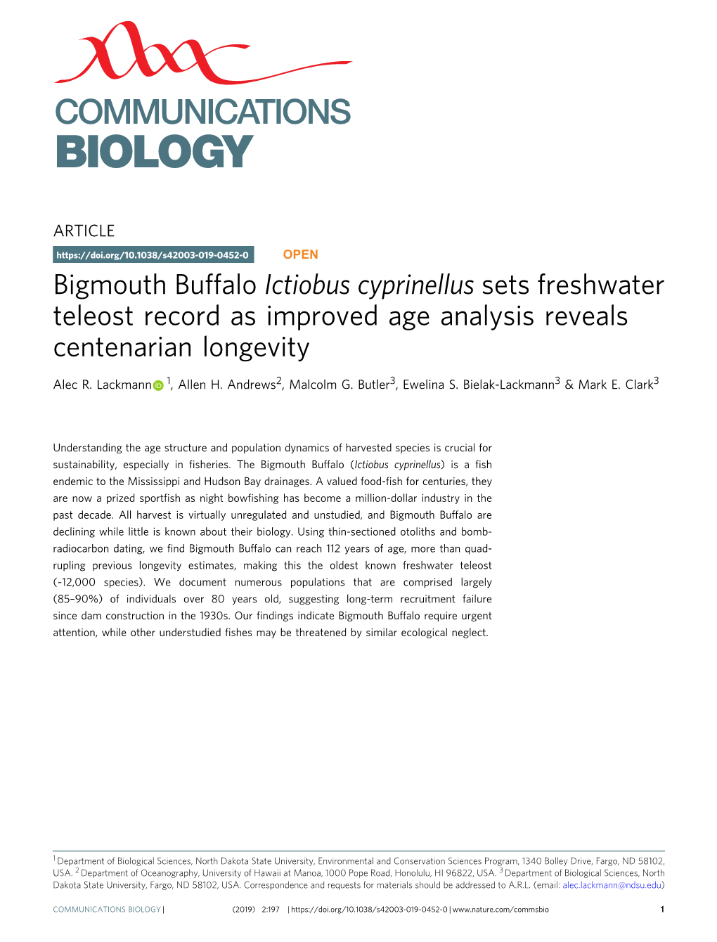 Bigmouth Buffalo Ictiobus Cyprinellus Sets Freshwater Teleost Record As Improved Age Analysis Reveals Centenarian Longevity