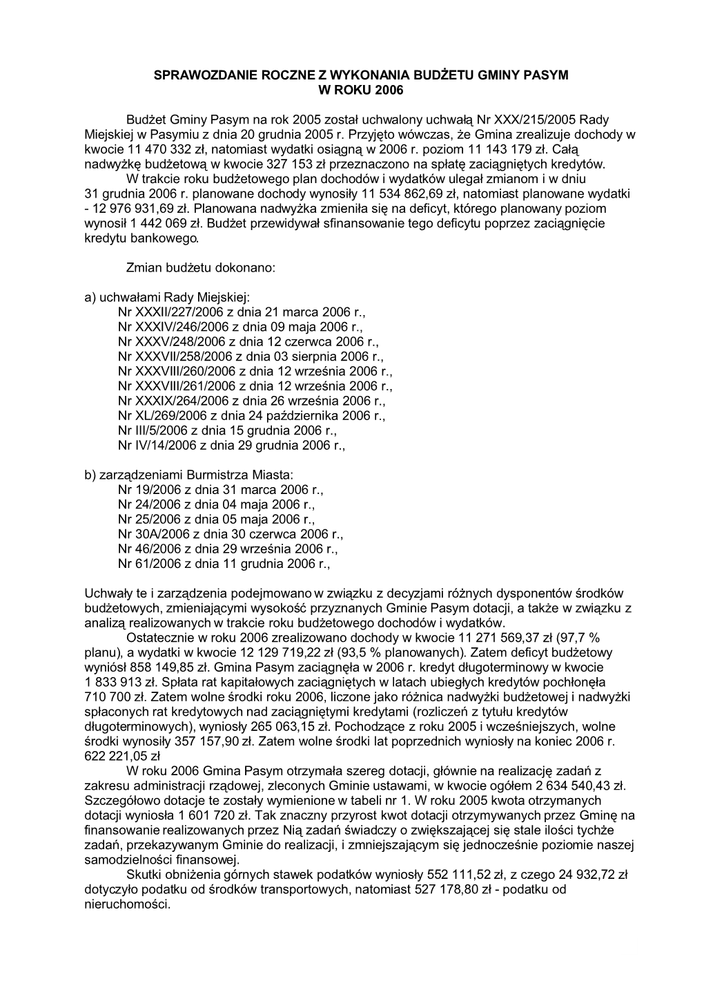 SPRAWOZDANIE ROCZNE Z WYKONANIA BUDŻETU GMINY PASYM W ROKU 2006 Budżet Gminy Pasym Na Rok 2005 Został Uchwalony Uchwałą Nr