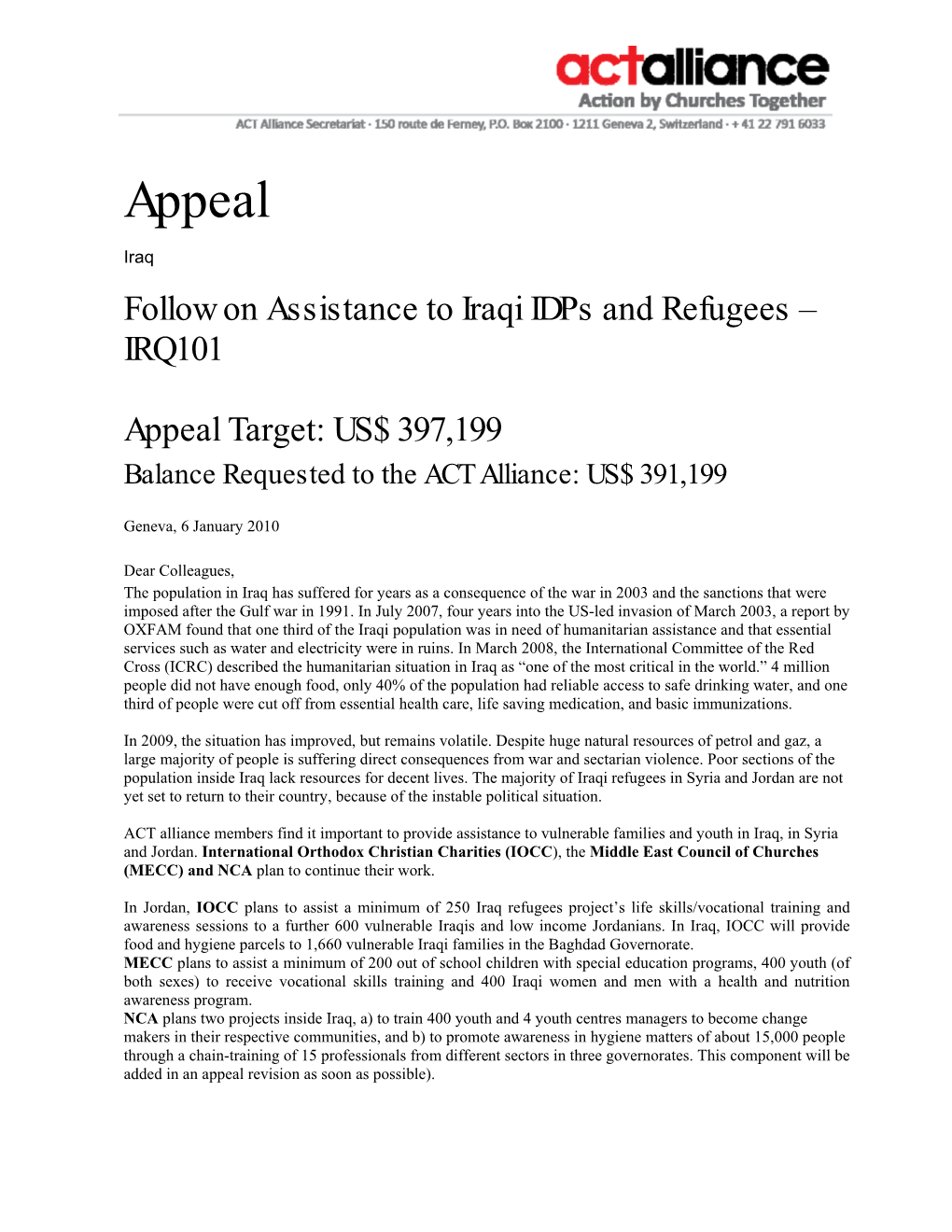 Follow on Assistance to Iraqi Idps and Refugees – IRQ101 Appeal Target