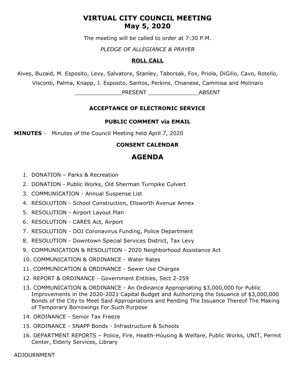 VIRTUAL CITY COUNCIL MEETING May 5, 2020 AGENDA