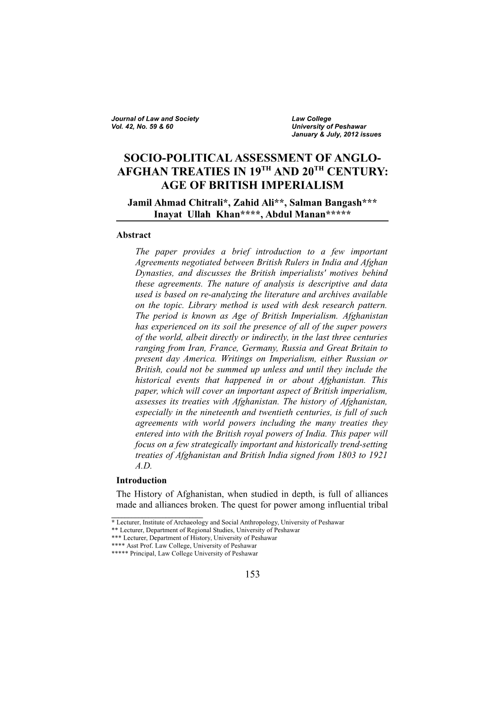 Socio-Political Assessment of Anglo- Afghan Treaties In