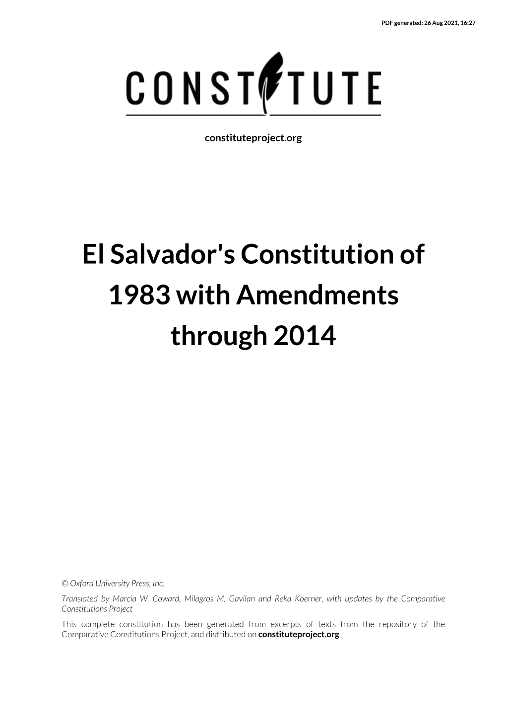 El Salvador's Constitution of 1983 with Amendments Through 2014