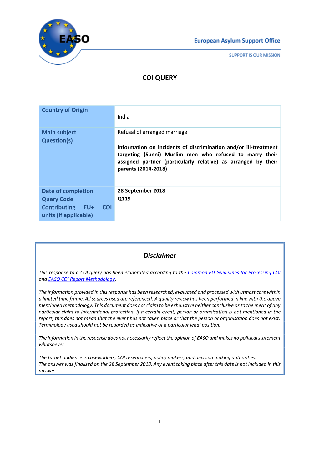 COI QUERY Disclaimer