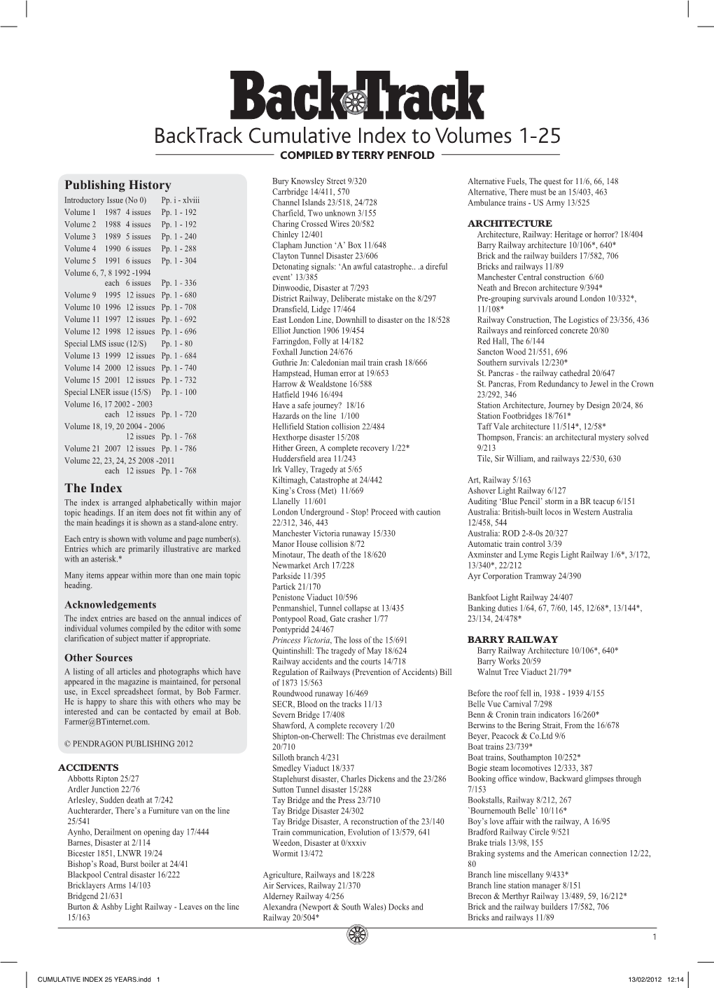 CUMULATIVE INDEX 25 YEARS.Indd 1 13/02/2012 12:14 Cumulative Index to Volumes 1-25 Backtrack Cumulative Index to Volumes 1-25