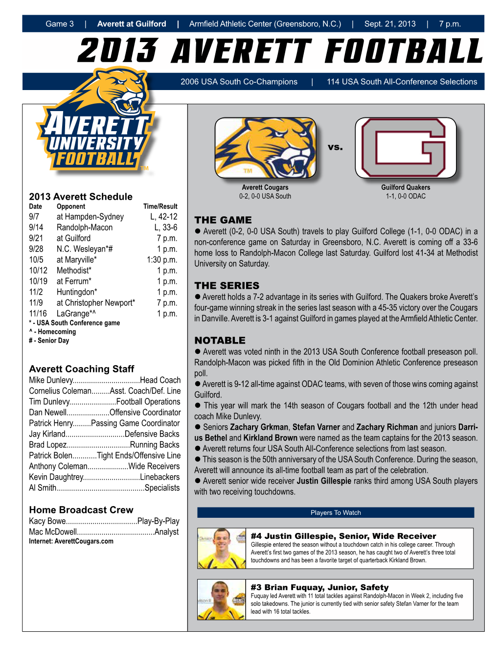 2013 Averett Football 3 COLOR BLUE BLACK and WHITE 2006 USA South Co-Champions | 114 USA South All-Conference Selections