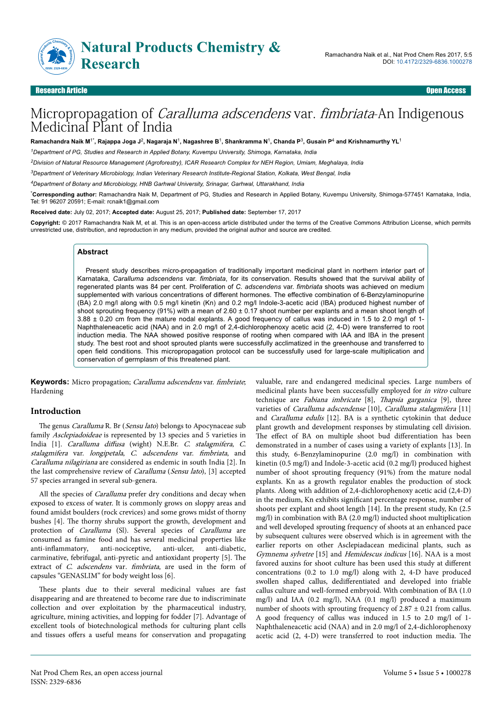 Micropropagation of Caralluma Adscendens Var. Fimbriata-An