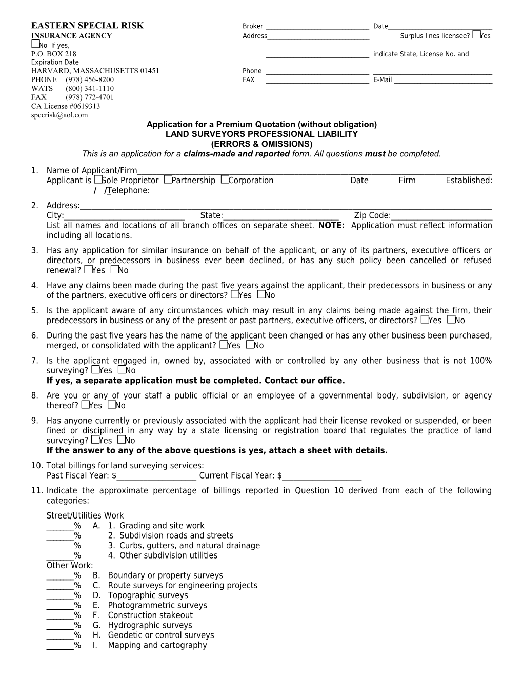 Application for Land Surveyors Professional Liability