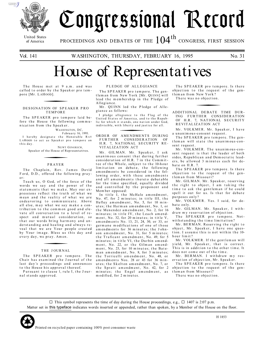 Congressional Record United States Th of America PROCEEDINGS and DEBATES of the 104 CONGRESS, FIRST SESSION