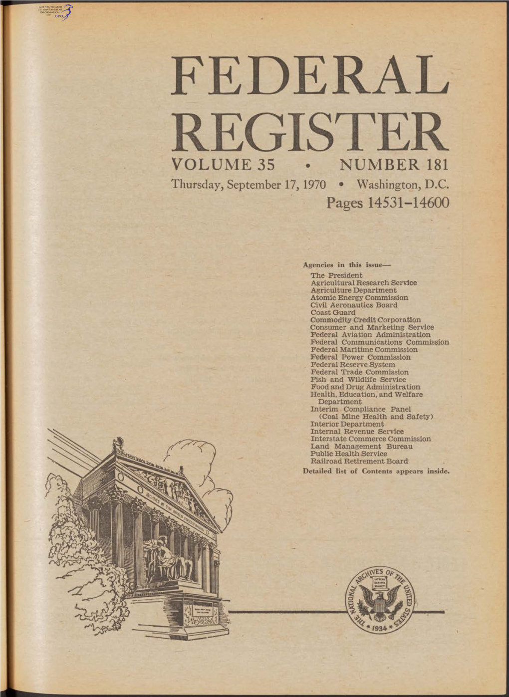 FEDERAL REGISTER VOLUME 35 • NUMBER 181 Thursday, September 17, 1970 • Washington, D.C