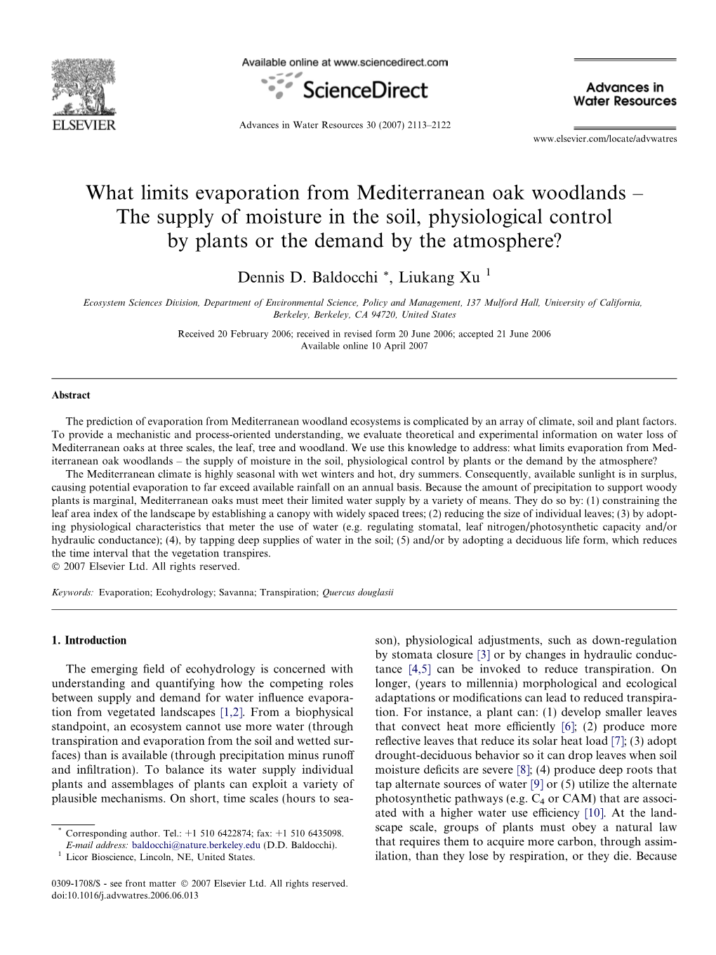 What Limits Evaporation from Mediterranean Oak Woodlands – the Supply of Moisture in the Soil, Physiological Control by Plants Or the Demand by the Atmosphere?