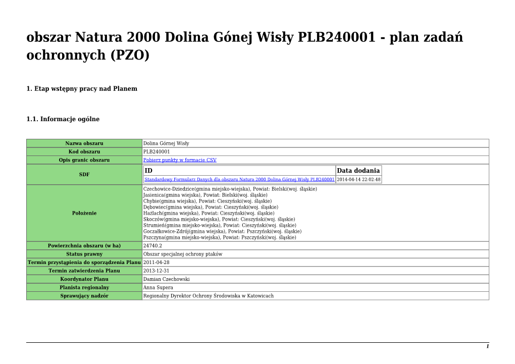 Obszar Natura 2000 Dolina Gónej Wisły PLB240001 - Plan Zadań Ochronnych (PZO)