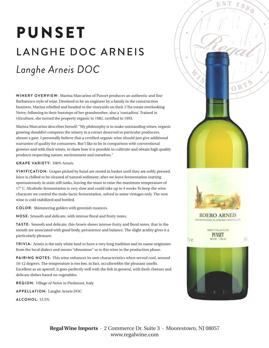 PUNSET LANGHE DOC ARNEIS Langhe Arneis DOC