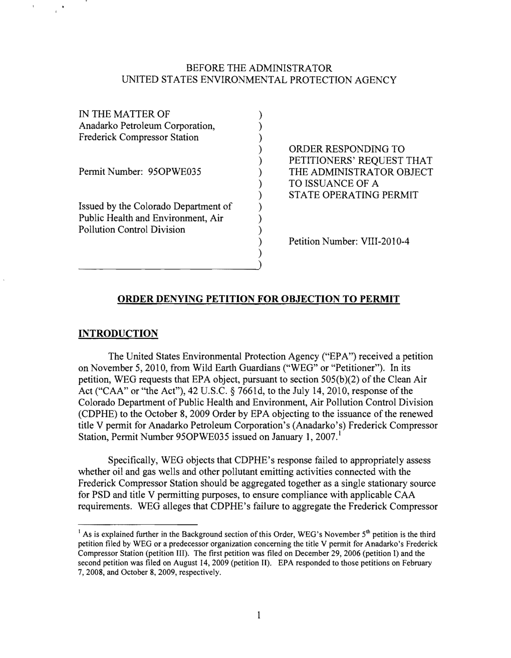 Order Denying the Petition to Object to the Anadarko Petroleum Frederick