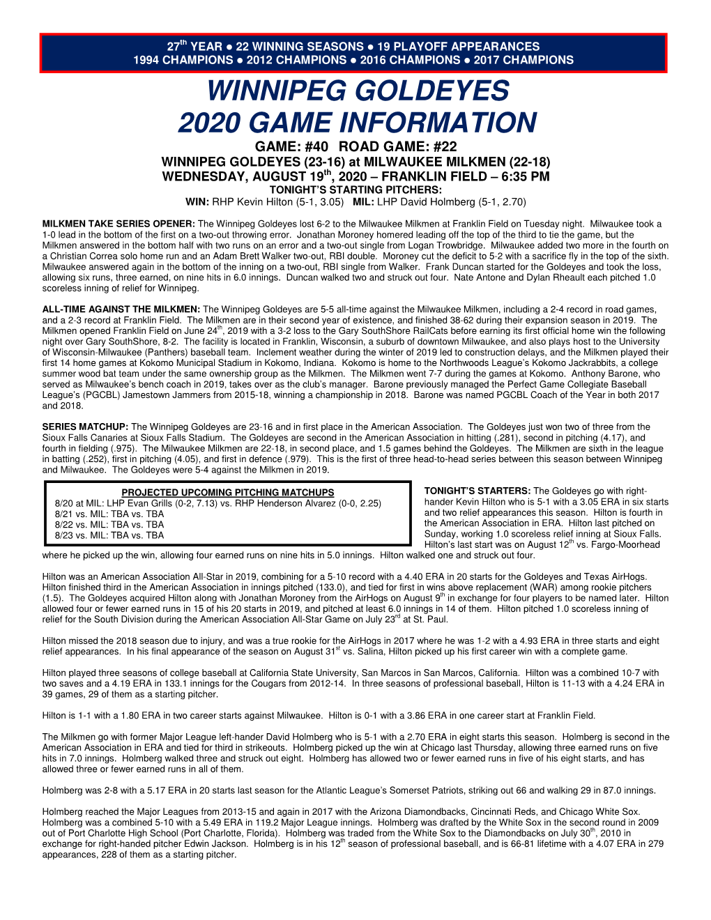 Winnipeg Goldeyes 2020 Game Information