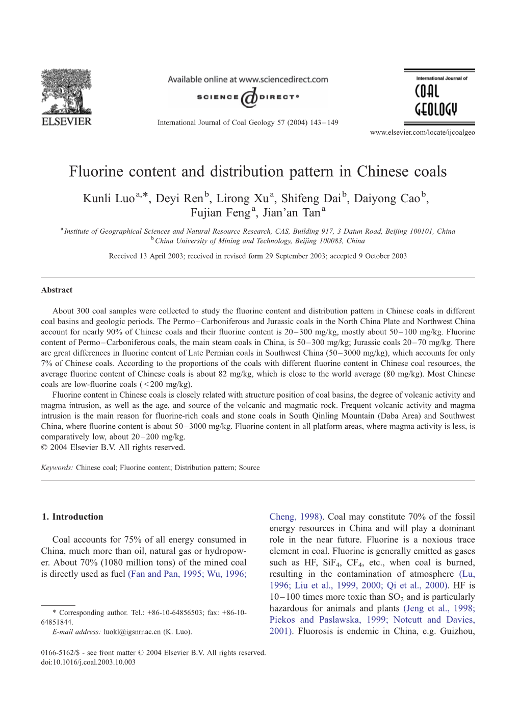 Fluorine Content and Distribution Pattern in Chinese Coals