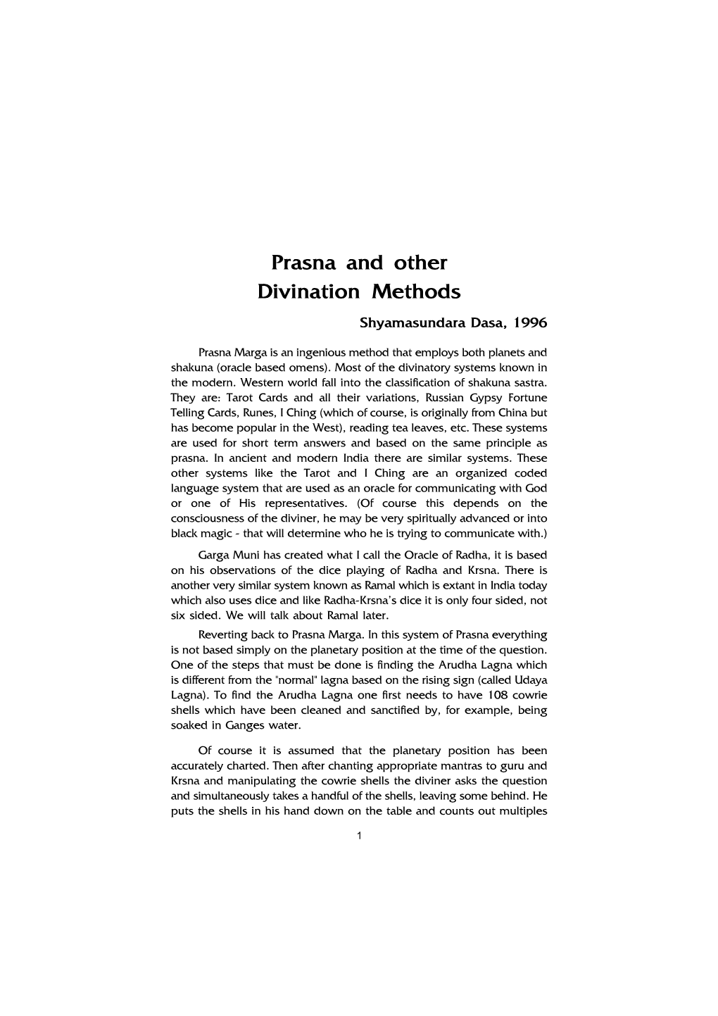 Prasna and Other Divination Methods Shyamasundara Dasa, 1996