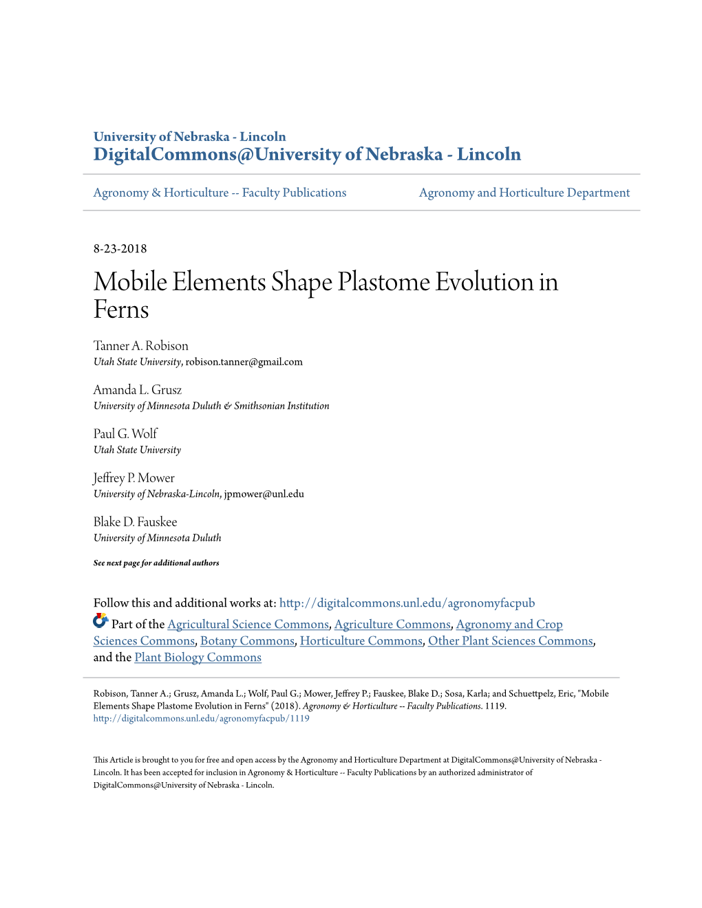 Mobile Elements Shape Plastome Evolution in Ferns Tanner A