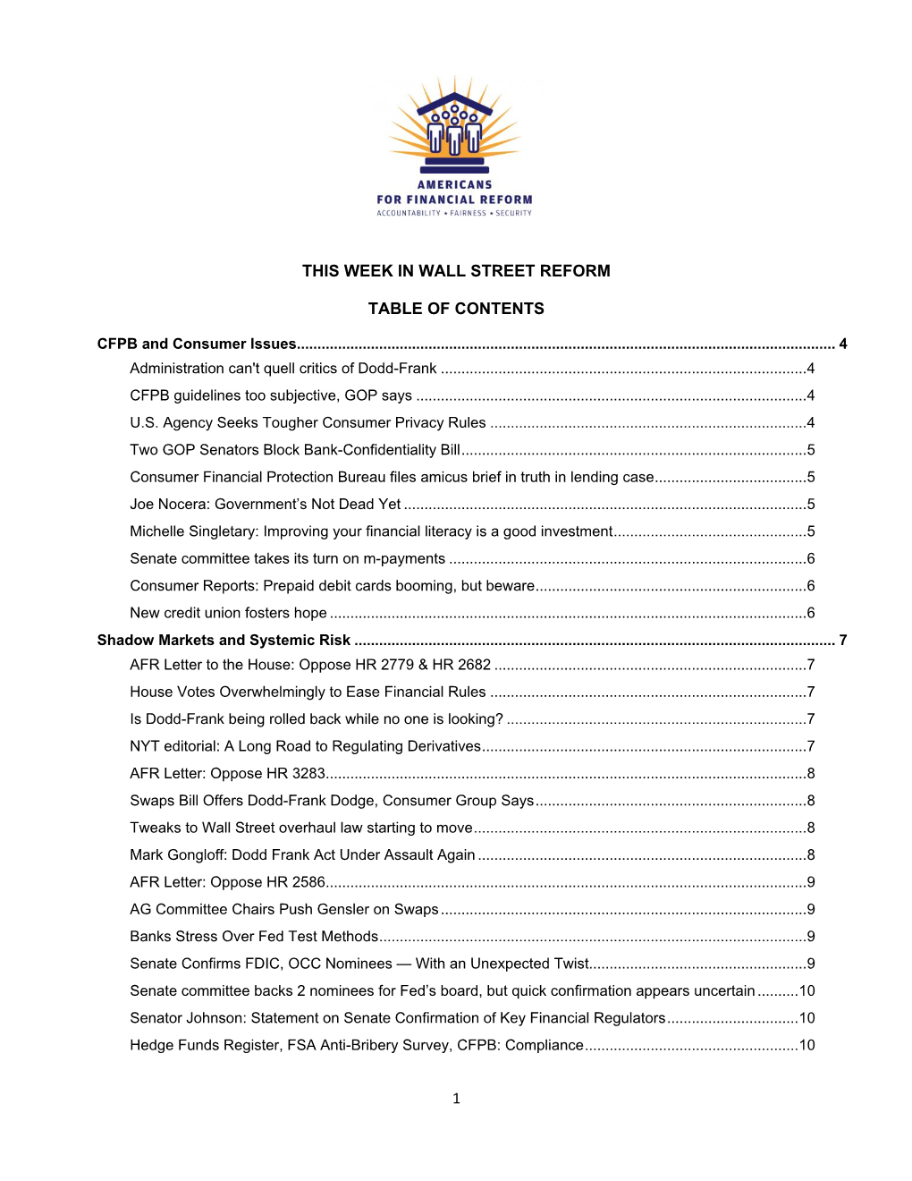 1 This Week in Wall Street Reform Table of Contents