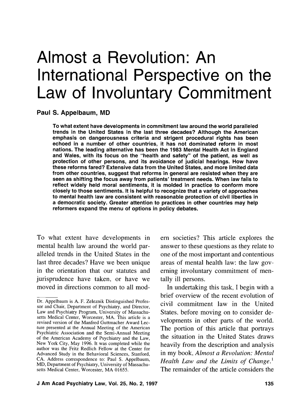 Almost a Revolution: an International Perspective on the Law of Involuntary Commitment