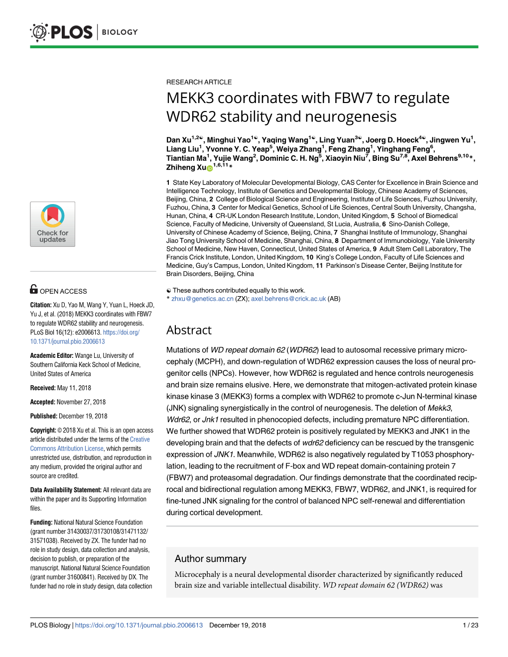 MEKK3 Coordinates with FBW7 to Regulate WDR62 Stability and Neurogenesis