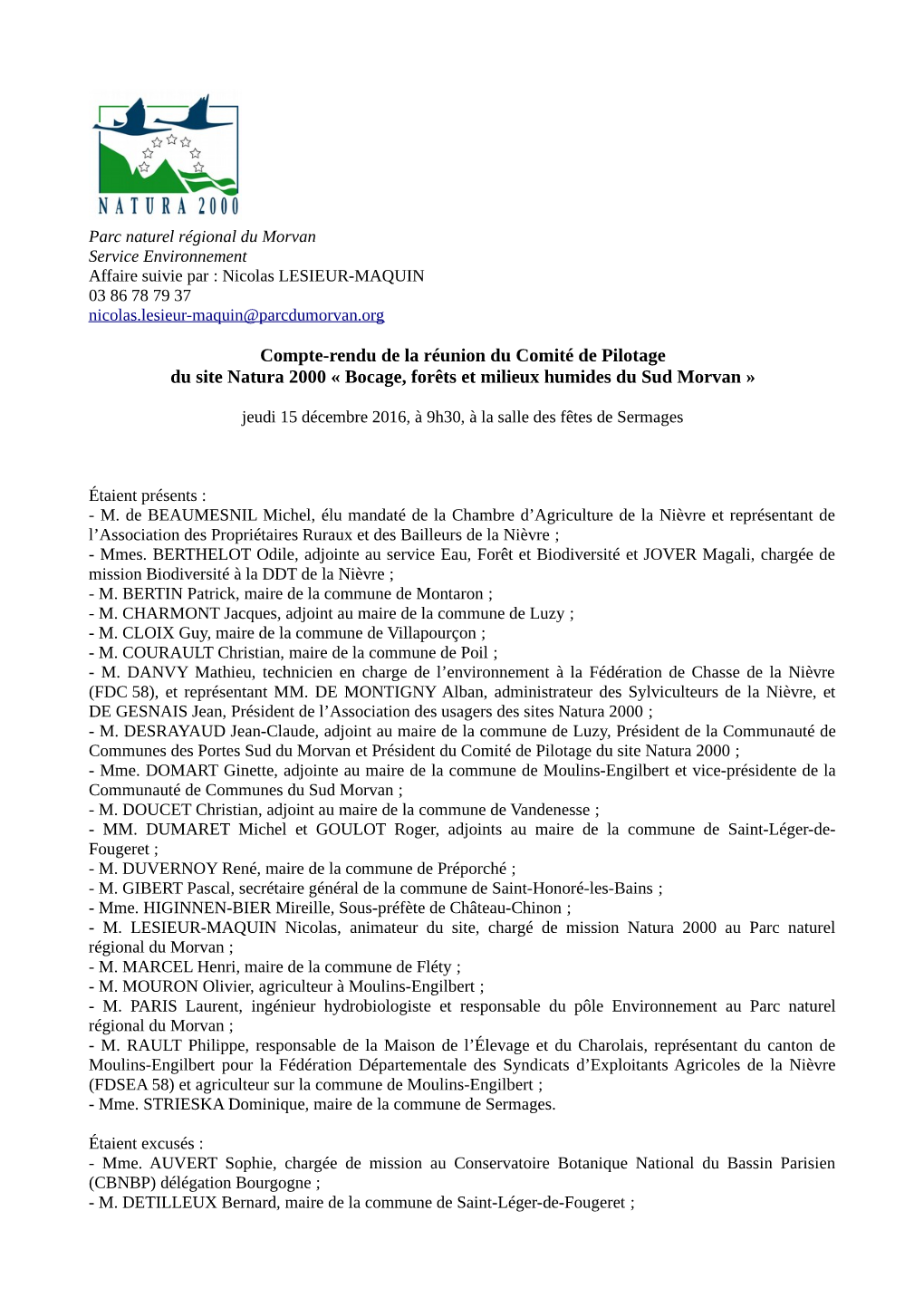 Compte-Rendu De La Réunion Du Comité De Pilotage Du Site Natura 2000 « Bocage, Forêts Et Milieux Humides Du Sud Morvan »