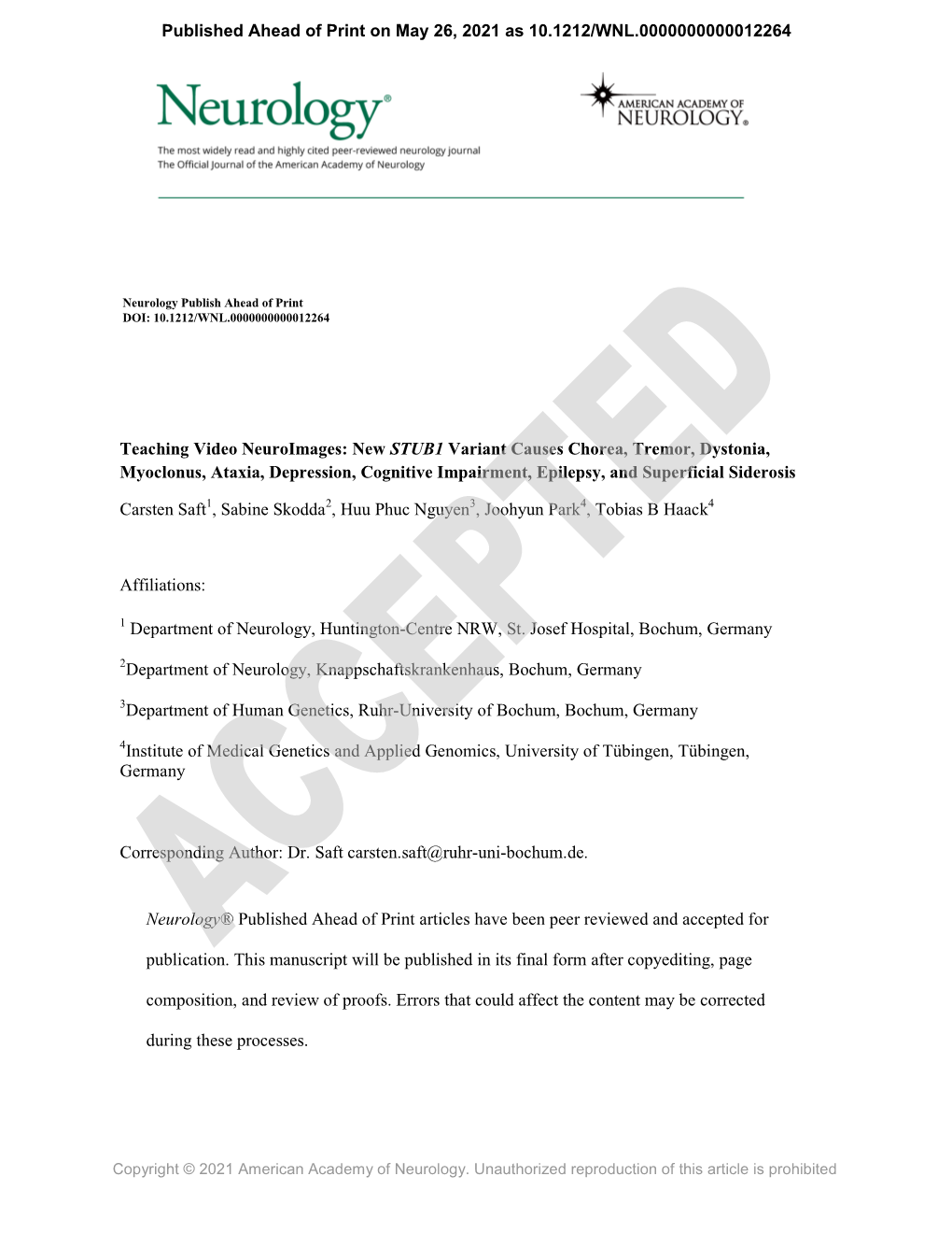 New STUB1 Variant Causes Chorea, Tremor, Dystonia, Myoclonus, Ataxia, Depression, Cognitive Impairment, Epilepsy, and Superficial Siderosis