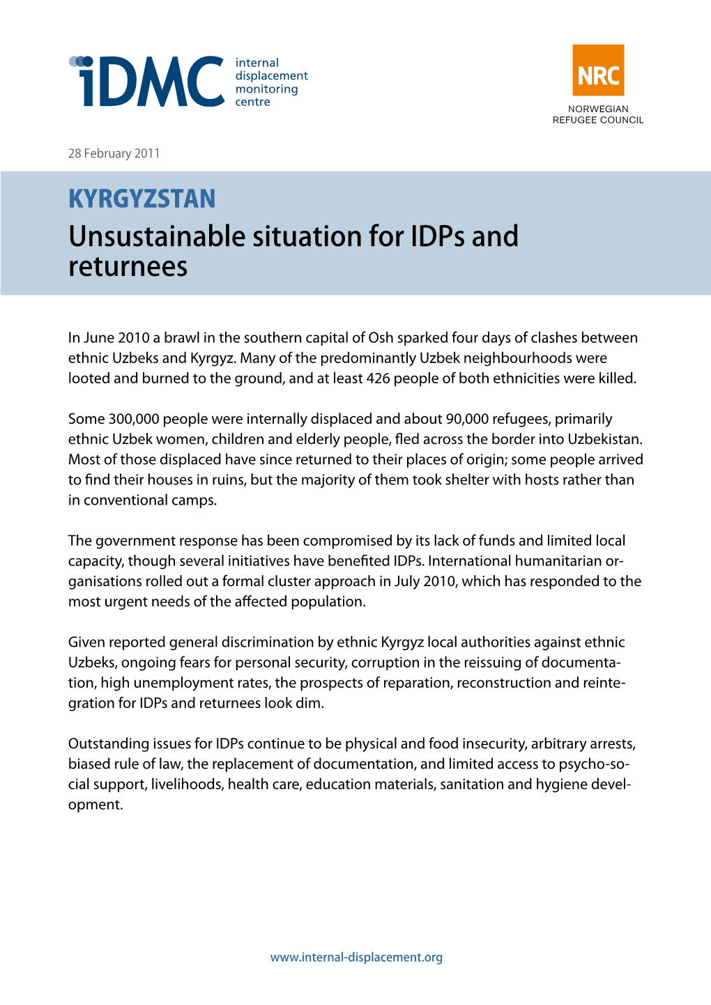 KYRGYZSTAN Unsustainable Situation for Idps and Returnees