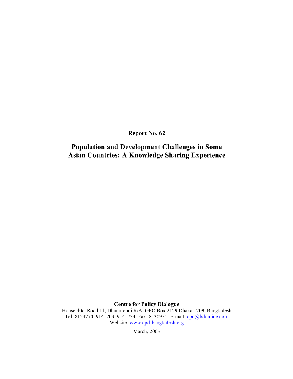 Population and Development Challenges in Some Asian Countries: a Knowledge Sharing Experience