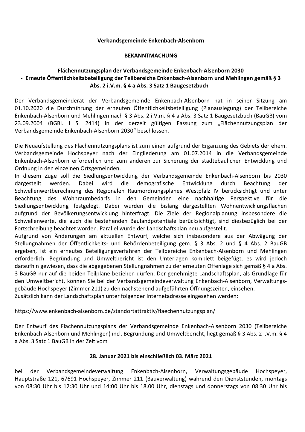 Erneute Öffentlichkeitsbeteiligung Der Teilbereiche Enkenbach-Alsenborn Und Mehlingen Gemäß § 3 Abs