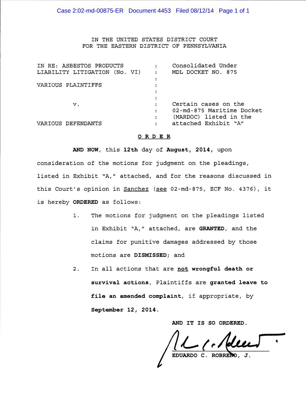 11#: J Case 2:02-Md-00875-ER Document 4453-1 Filed 08/12/14 Page 1 of 152