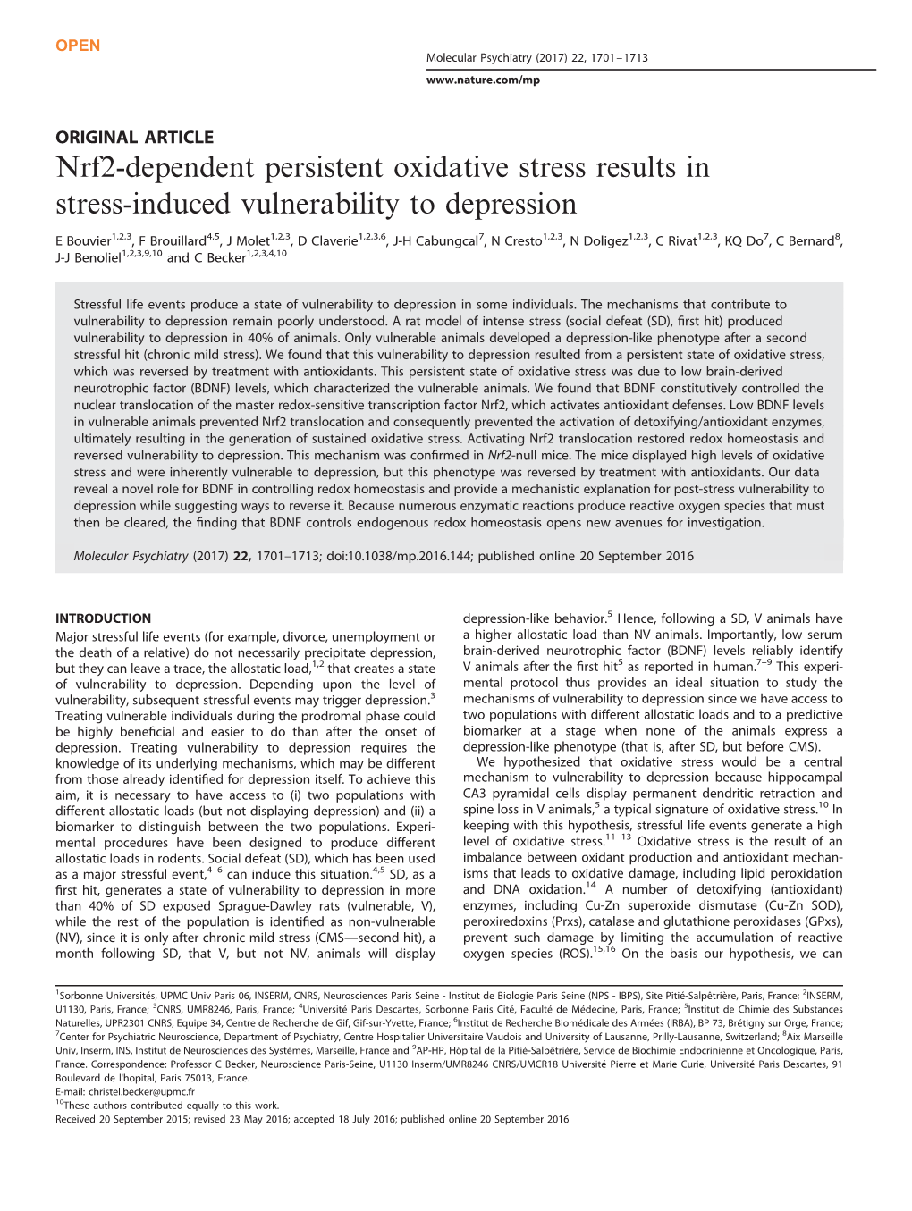 Nrf2-Dependent Persistent Oxidative Stress Results in Stress-Induced Vulnerability to Depression
