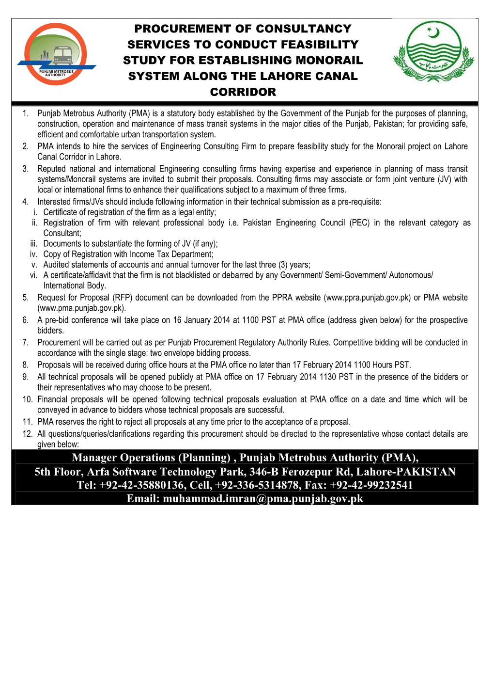 Manager Operations (Planning) , Punjab Metrobus Authority (PMA