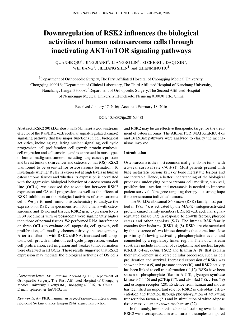 Downregulation of RSK2 Influences the Biological Activities of Human Osteosarcoma Cells Through Inactivating AKT/Mtor Signaling Pathways