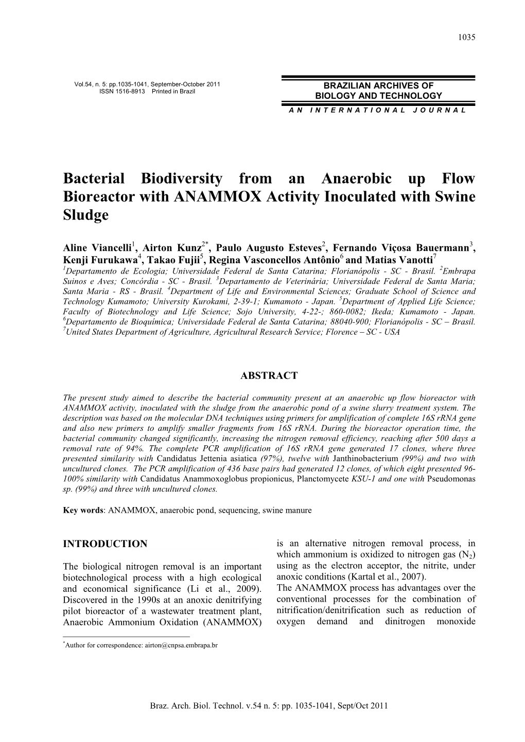 Bacterial Biodiversity from an Anaerobic up Flow Bioreactor with ANAMMOX Activity Inoculated with Swine Sludge