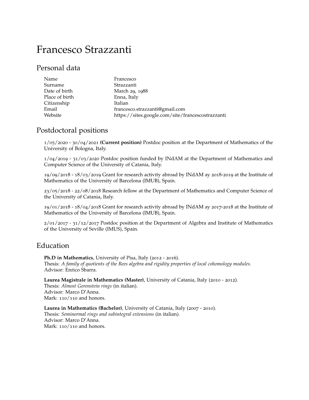 Francesco Strazzanti: Curriculum Vitae
