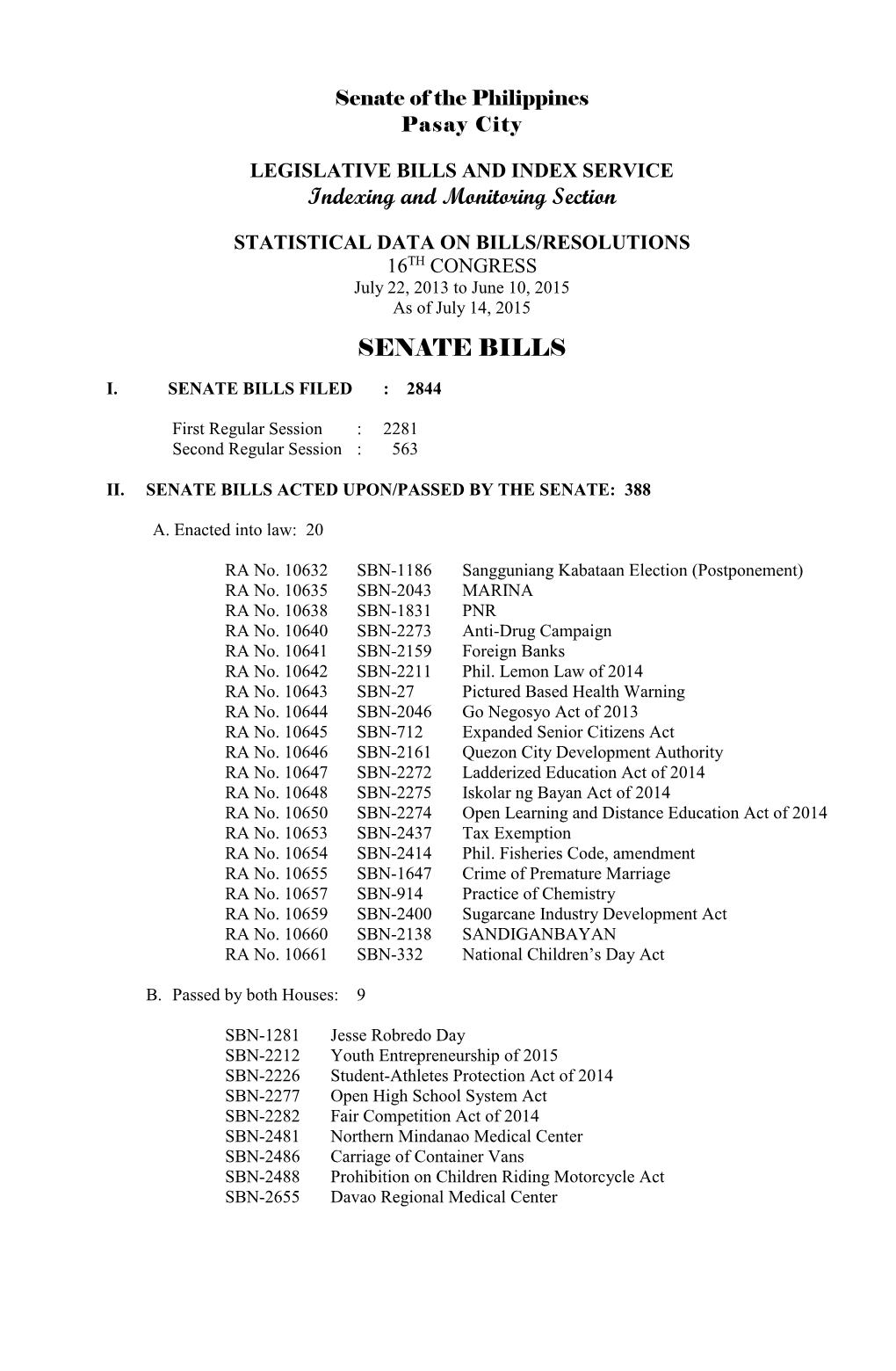 LEGISLATIVE BILLS and INDEX SERVICE Indexing and Monitoring Section