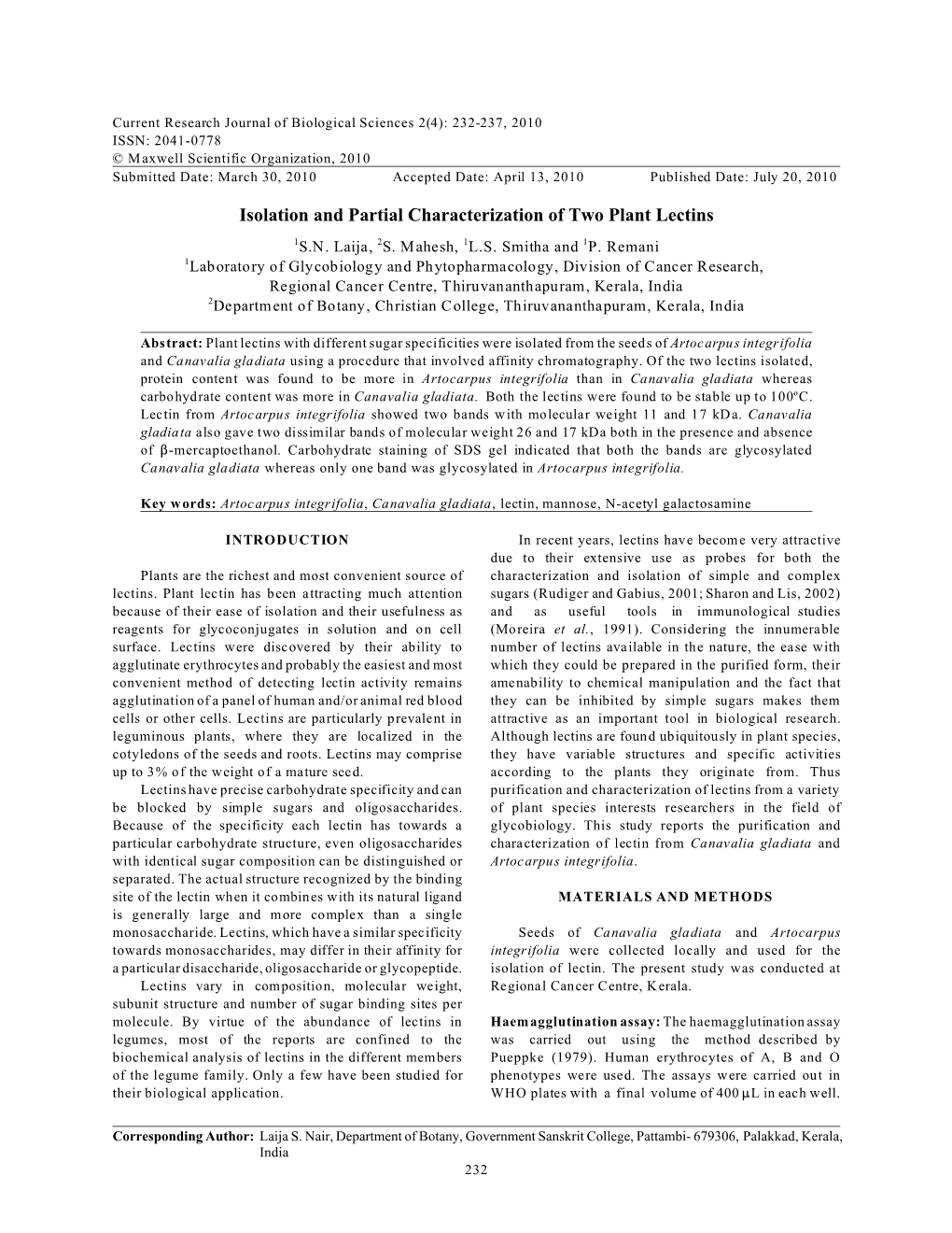 Isolation and Partial Characterization of Two Plant Lectins 1S.N